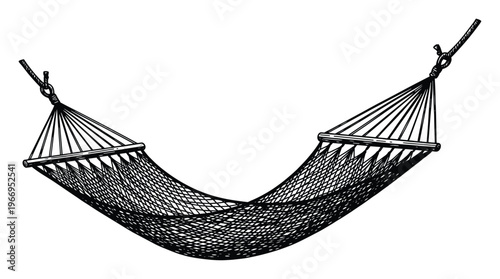 Classic black outline drawing of an empty traditional rope hammock with spreader bars for a relaxing outdoor leisure vacation getaway or comfortable summer rest activity