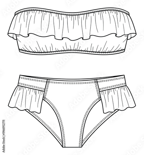 Fashion flat technical drawing of a ruffled bandeau bikini swimsuit set for women, perfect for apparel design, product development, or clothing brand catalogs.