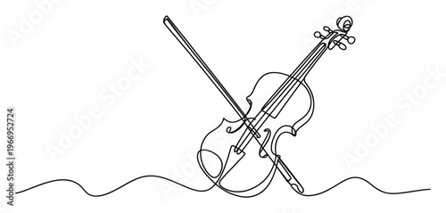 Elegant continuous line drawing of a classic violin and bow, perfect for music academy promotions, concert posters, or musical instrument themed presentations and educational resources