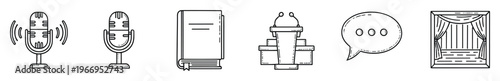 Versatile line icons for communication and education featuring dynamic microphones, a classic book, a speakers podium, a conversation bubble, and a performance stage, suitable for various