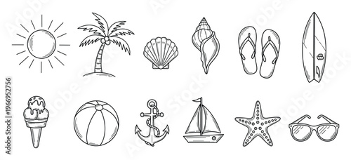 A charming collection of summer and beach vacation themed elements, perfect for creating inviting holiday graphics, tropical travel blogs, and engaging seasonal promotions across various