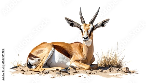 A gazelle, with brown and white fur, lies in a sandy patch, ears perked, horns visible, against a white background. It displays nature