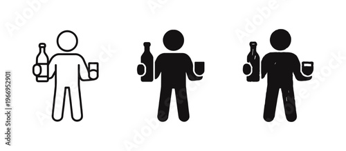 Person Holding Bottle and Glass Icon Set in Outline, Solid, and Hand-Drawn Styles