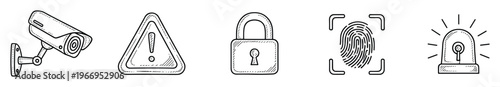 Hand drawn security icon set featuring a surveillance camera, warning triangle, secure padlock, biometric fingerprint scanner, and loud alarm siren, ideal for safety and protection