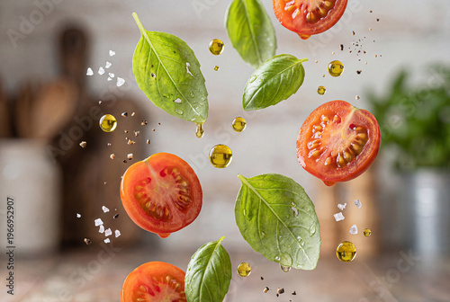 Flying Fresh Ingredients with Oil Drops and Realistic Texture, Healthy Cooking Food Motion Concept