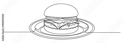 Abstract continuous line drawing of a gourmet burger on a serving plate ideal for minimalist culinary branding and quick service restaurant visuals