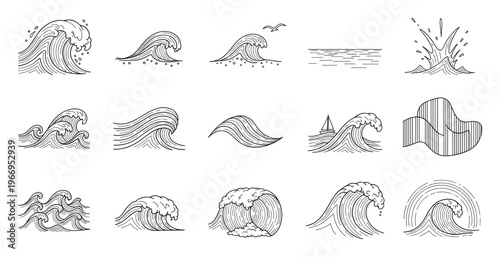 A collection of dynamic hand drawn ocean waves and water splashes perfect for marine themed graphics, environmental awareness projects, or surf related visual content