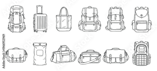 Various hand drawn travel bags and luggage including durable backpacks, rolling suitcases, versatile duffle bags, and casual tote bags, perfect for adventure, journey, school, and tourism