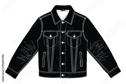 Stylish black jean jacket outerwear garment suitable for fashion collection presentation and ready to wear apparel visualization projects.