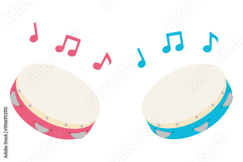 タンバリンのイラスト（ピンクと水色・音符付き）