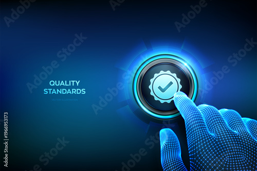 Quality standards control. ISO standards quality control assurance warranty technology concept. ISO standardization certification service. Hand about to press the quality button. Vector illustration.
