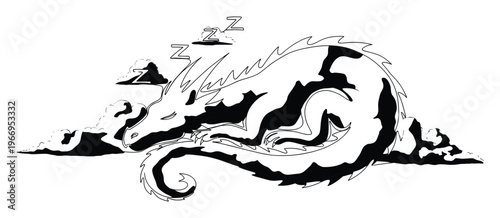Captivating sleeping dragon with Zzz symbols peacefully resting amidst mystical clouds perfect for childrens literature bedtime stories and playful merchandise designs
