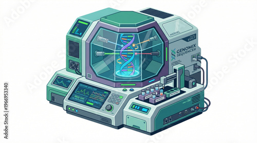 Flat isometric futuristic DNA sequencing machine isolated on white