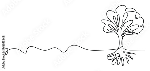 Continuous single line drawing illustrating a stylized tree with deep roots, symbolizing growth, connection, and environmental sustainability, suitable for graphic communication.