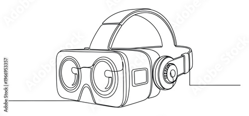 Single line drawing of a modern virtual reality headset for immersive gaming and future digital experiences, suitable for technology websites and presentations