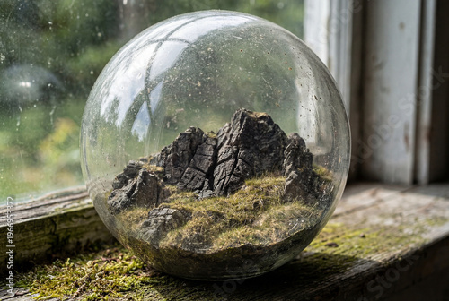 Miniature Mountain Landscape Inside Glass Sphere, Nature Concept with Realistic Texture and Reflections