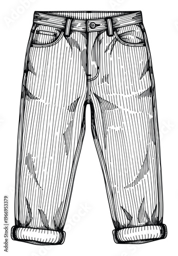 Hand drawn outline of casual striped trousers with cuffed hems, perfect for fashion design projects, apparel catalogs, or garment style guides