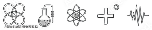 Hand drawn scientific symbols and research instruments featuring an atomic model, chemistry flask, intricate knot, positive charge icon, and pulsating waveform for educational and academic