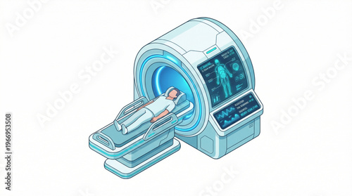 Flat isometric futuristic medical MRI scanner bed isolated on white