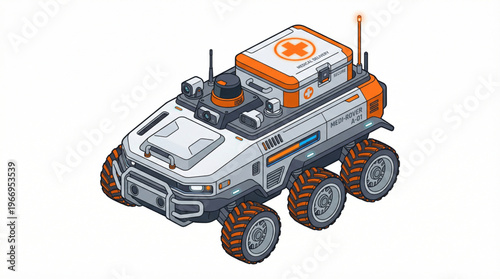 Flat isometric autonomous medical delivery rover isolated on white