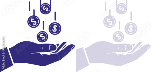 Dollar coins falling into open hand icon, flat blue vector illustration isolated on white