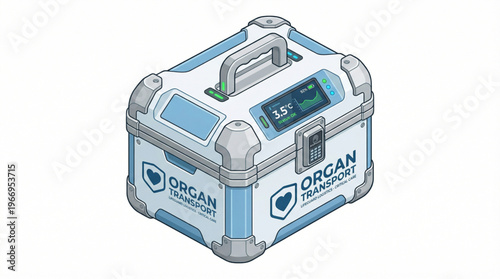 Flat isometric smart organ transport cooler box isolated on white
