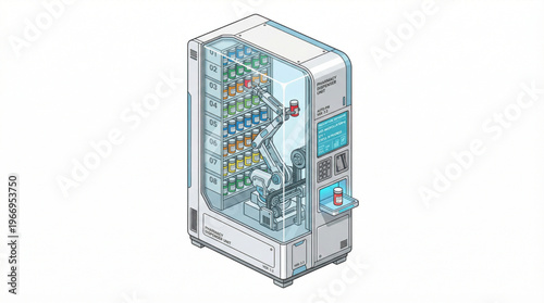 Flat isometric automated pharmacy dispenser robot isolated on white