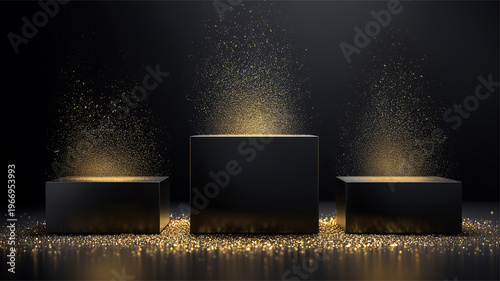 Three black pedestals with bursting golden dust on the background, luxury advertisement background and high quality presentation banner.
