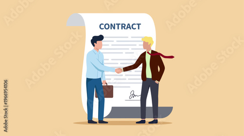 A professional partnership is finalized as two suited men shake hands in front of a giant, unrolled legal contract, one holding a briefcase, marking a successful business deal