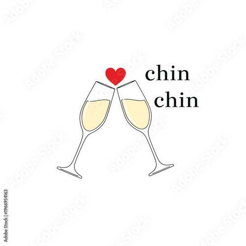 Two wine glasses clinking with a heart symbol and text chin chin
