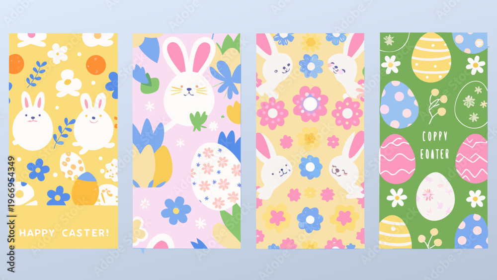 Fototapeta premium Four vertical banners featuring colorful easter patterns with bunnies and eggs
