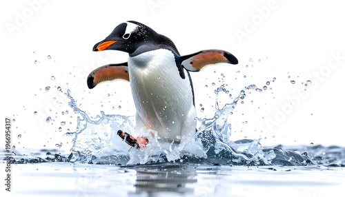A Gentoo penguin, mid-leap, bursts through water, creating a dynamic splash against a white backdrop. Its black and white plumage contrasts the aquatic element