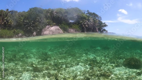 Split underwater view of Anse Royale coast with half above water and half below surface Clear sea reveals underwater textures while the tropical coastline appears above