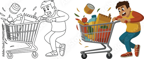 Boy pushing overflowing shopping cart with groceries vector illustration for retail
