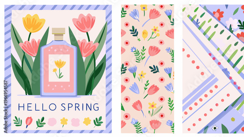 Floral spring patterns with tulips bottles and a hello spring message