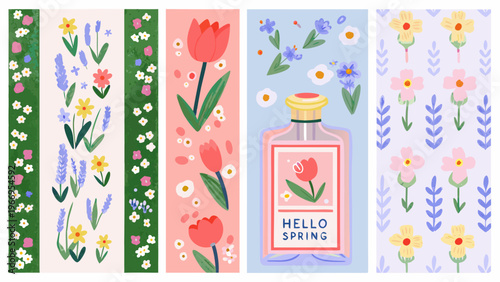 Colorful floral patterns and botanical illustrations arranged in vertical strips