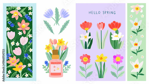 Colorful floral bookmarks with tulips daffodils and various spring blooms