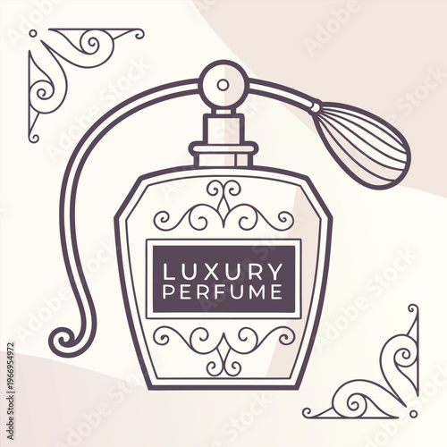 Luxury perfume bottle with ornate swirls and spray atomizer with white backgroun