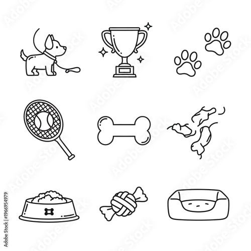 Collection of playful and essential icons related to dogs and their activities