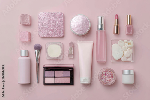 Various pink beauty products arranged neatly on a matching pastel pink background. Generative AI image