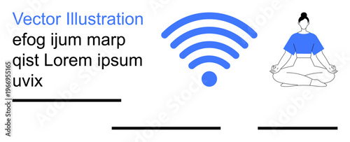 Digital wellness, mindfulness, meditation apps, wireless technology, network balance, personal growth. A wireless symbol and a person meditating. Digital wellness and mindfulness theme