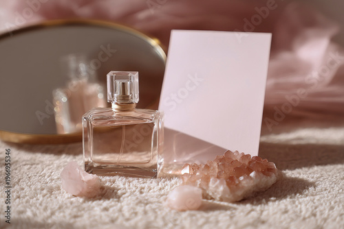 Elegant glass luxury perfume bottle placed next to washed paper. The scene exudes sophistication and exclusivity, capturing the essence of high-quality fragrances. Generative AI image