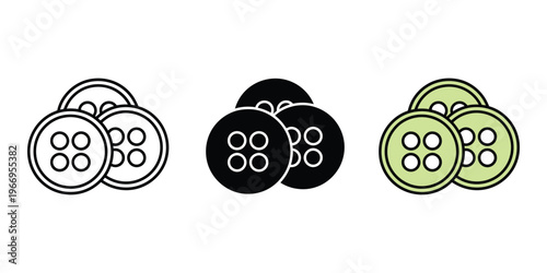 Three sets of four-hole buttons in black, white, and green isolated on transparent background