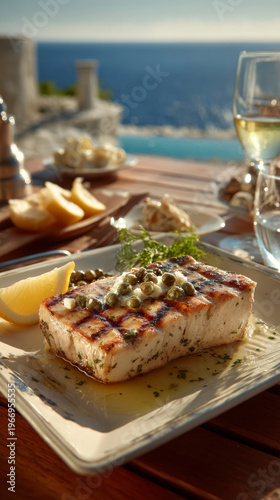 Grilled swordfish delight with lemon and capers, seaside culinary perfection. Generative AI image