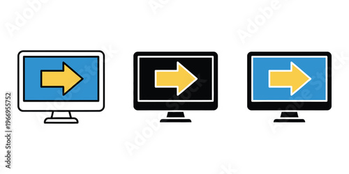 Three computer monitors with yellow arrows on blue screens isolated on transparent background