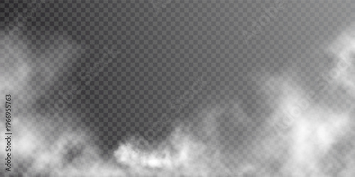 Fog, smoke, mist and steam on transparent background, panoramic view, vector design