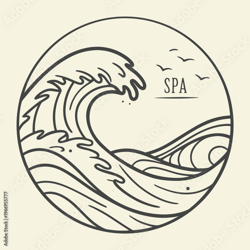 Circular graphic of crashing wave with birds and "spa" text with line art