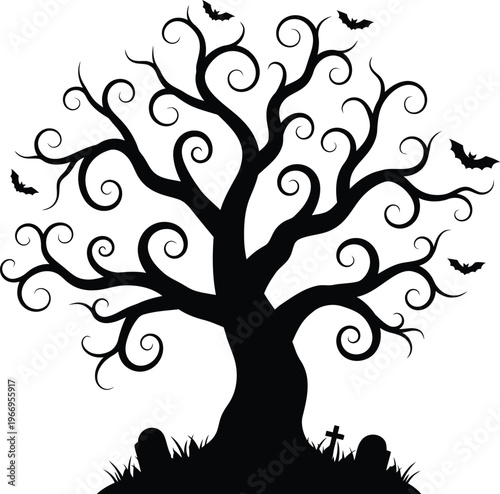 Spooky black tree silhouette with bats and graveyard scene.