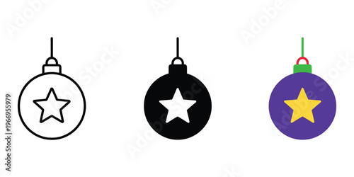 Three Christmas ornaments with stars isolated on transparent background