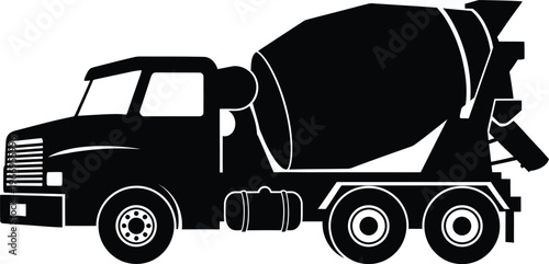 Black Silhouette of a Concrete Mixer Truck on White Background.